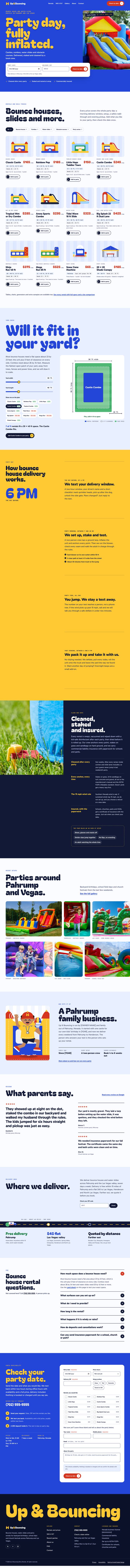 Premium party rental demo: Up & Bouncing, a full rental site with a rental catalog and a date checker