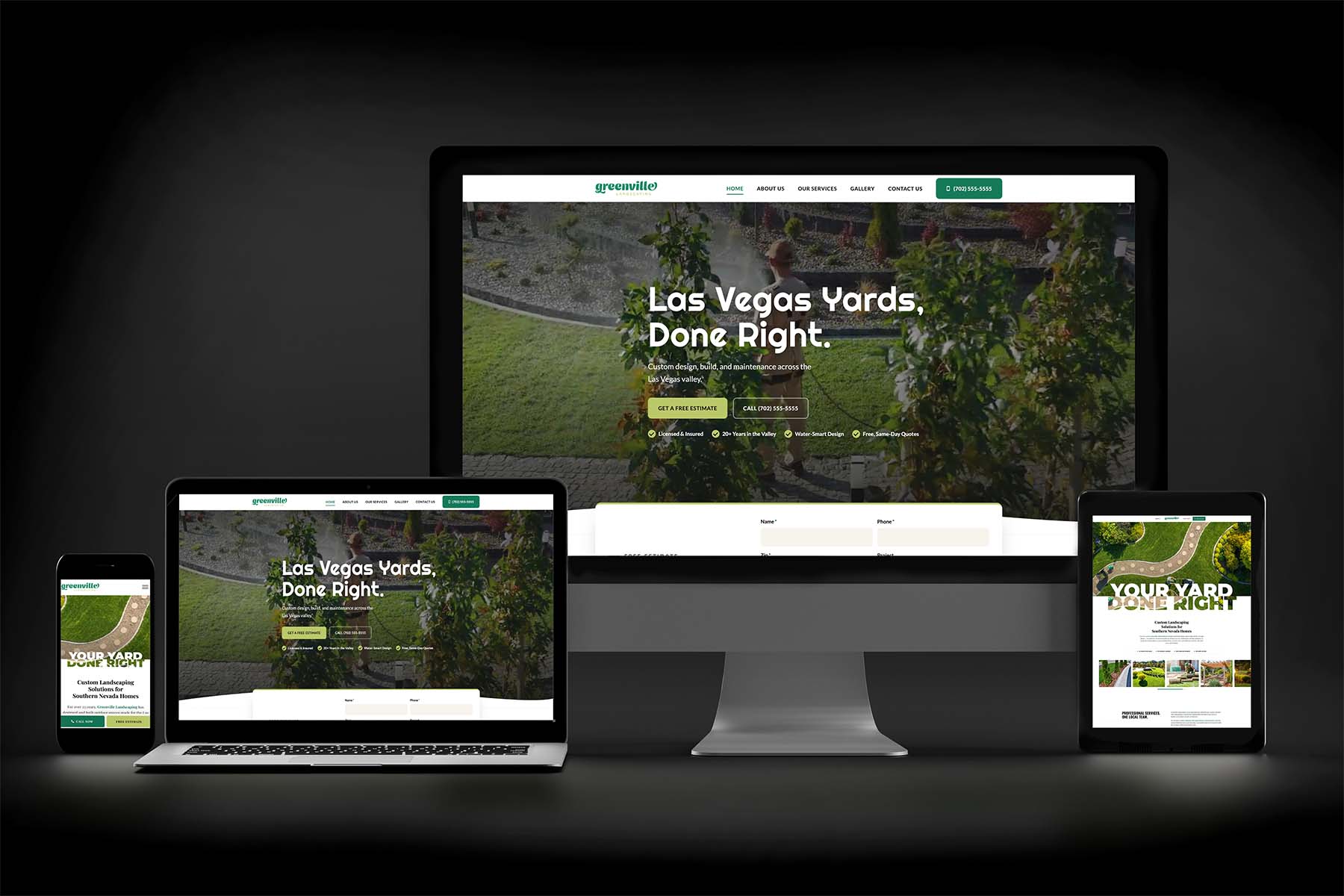 A local business website shown on desktop, laptop, tablet, and phone — built to look great on every screen